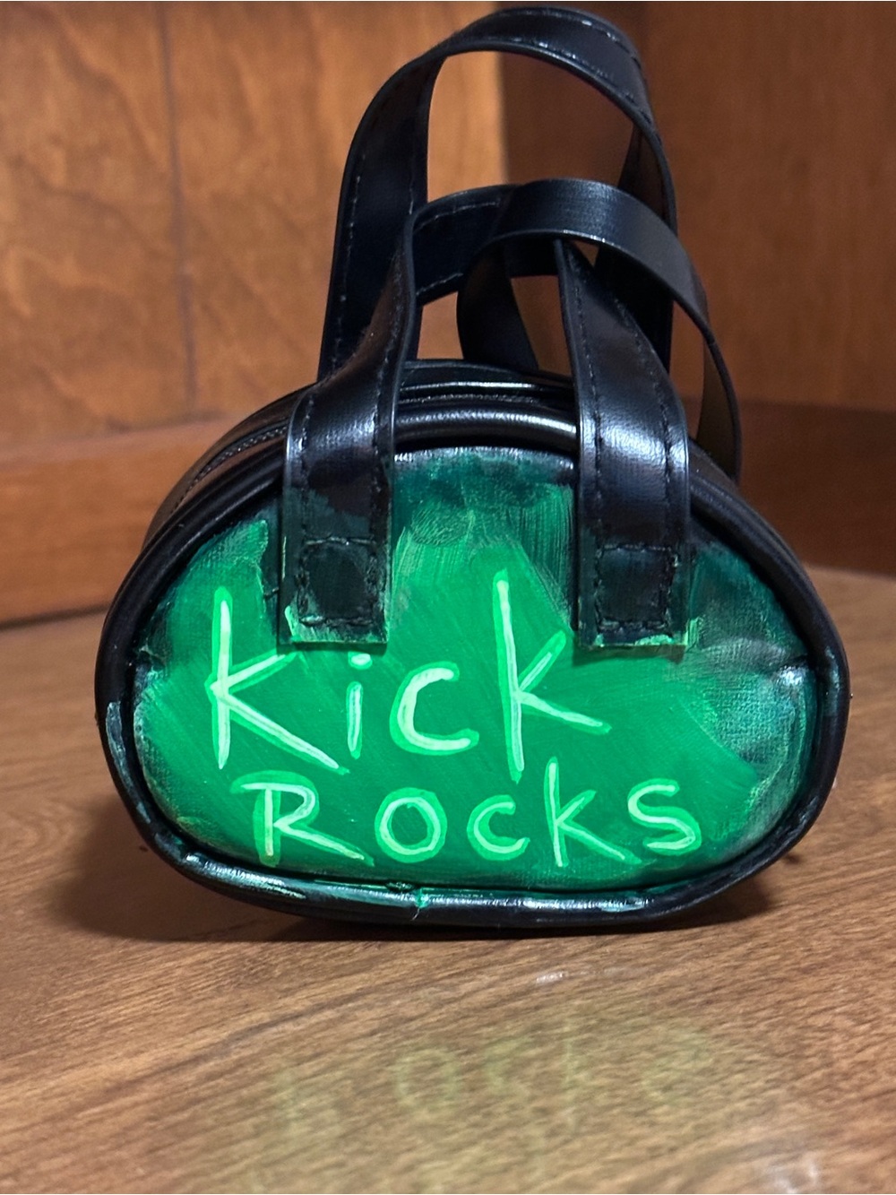 Hand Painted neon sign look Black bag charm with Green 'Kick Rocks' Graphic